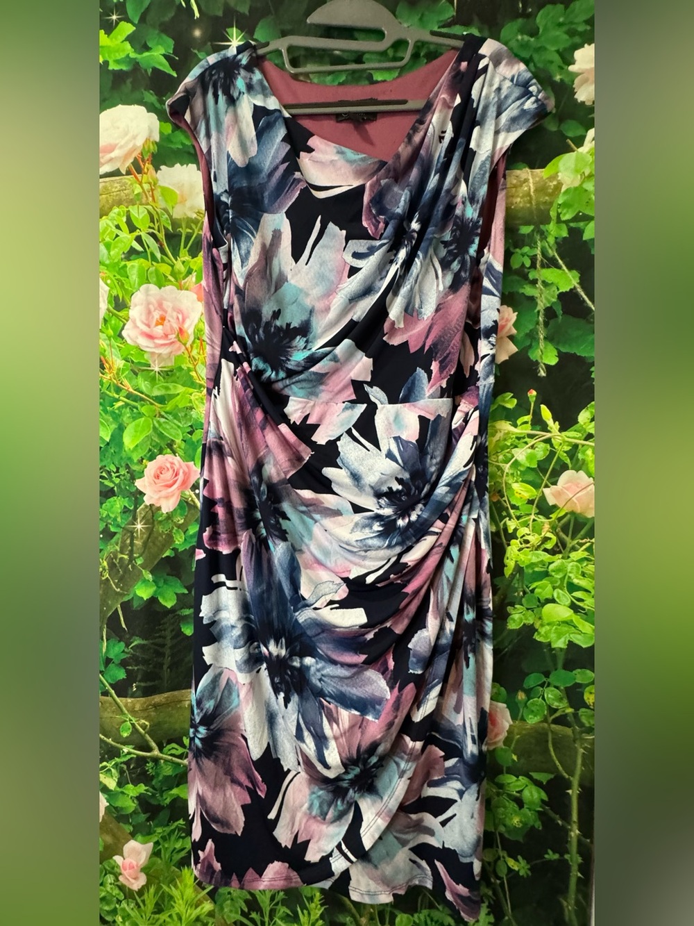 connected apparel Black Floral Draped Midi Dress with Pink & Blue Flowers